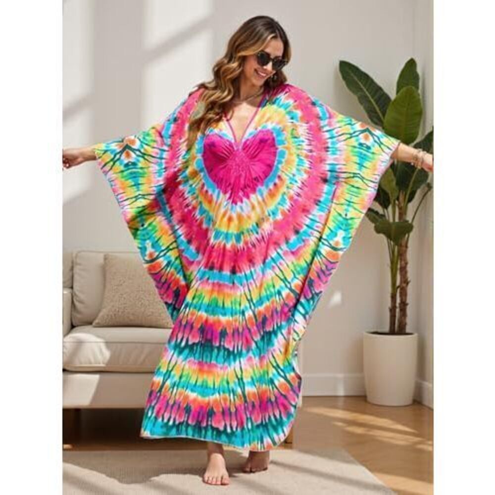 Boho Kaftan Plus Size Dress For Women, Batwing Sleeve Beach Cover Up, Casual - Picture 4 of 5